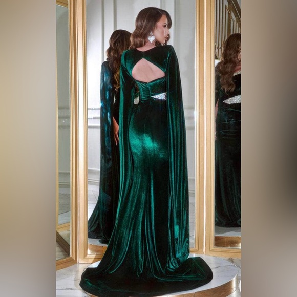 Portia and Scarlett Cape Sleeve Velvet Evening Gown - Picture 2 of 7